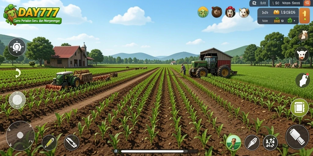 Tampilan gameplay DAY777 yang menampilkan kegiatan bertani dan berkebun.